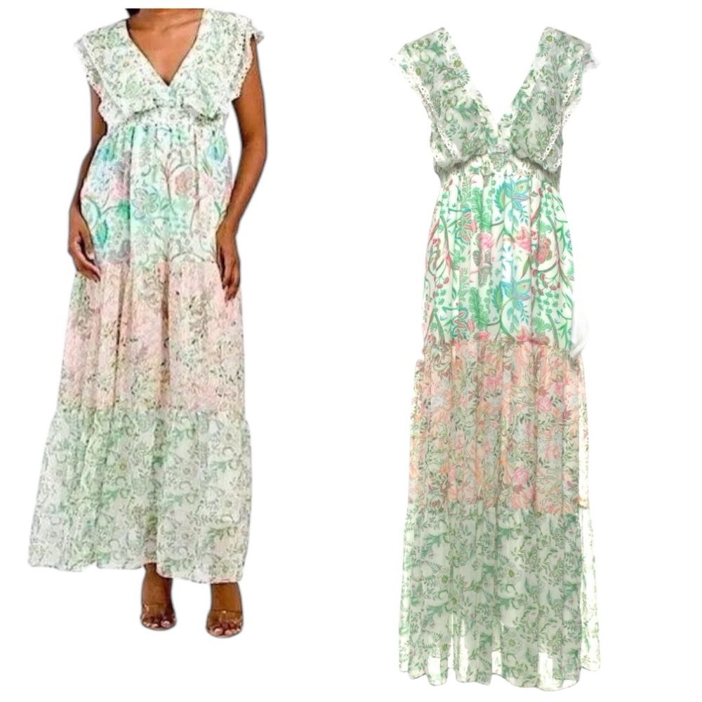 House of Harlow 1960 Medium Pink & Green Floral Tiered Ruffle Lace Maxi Dress M